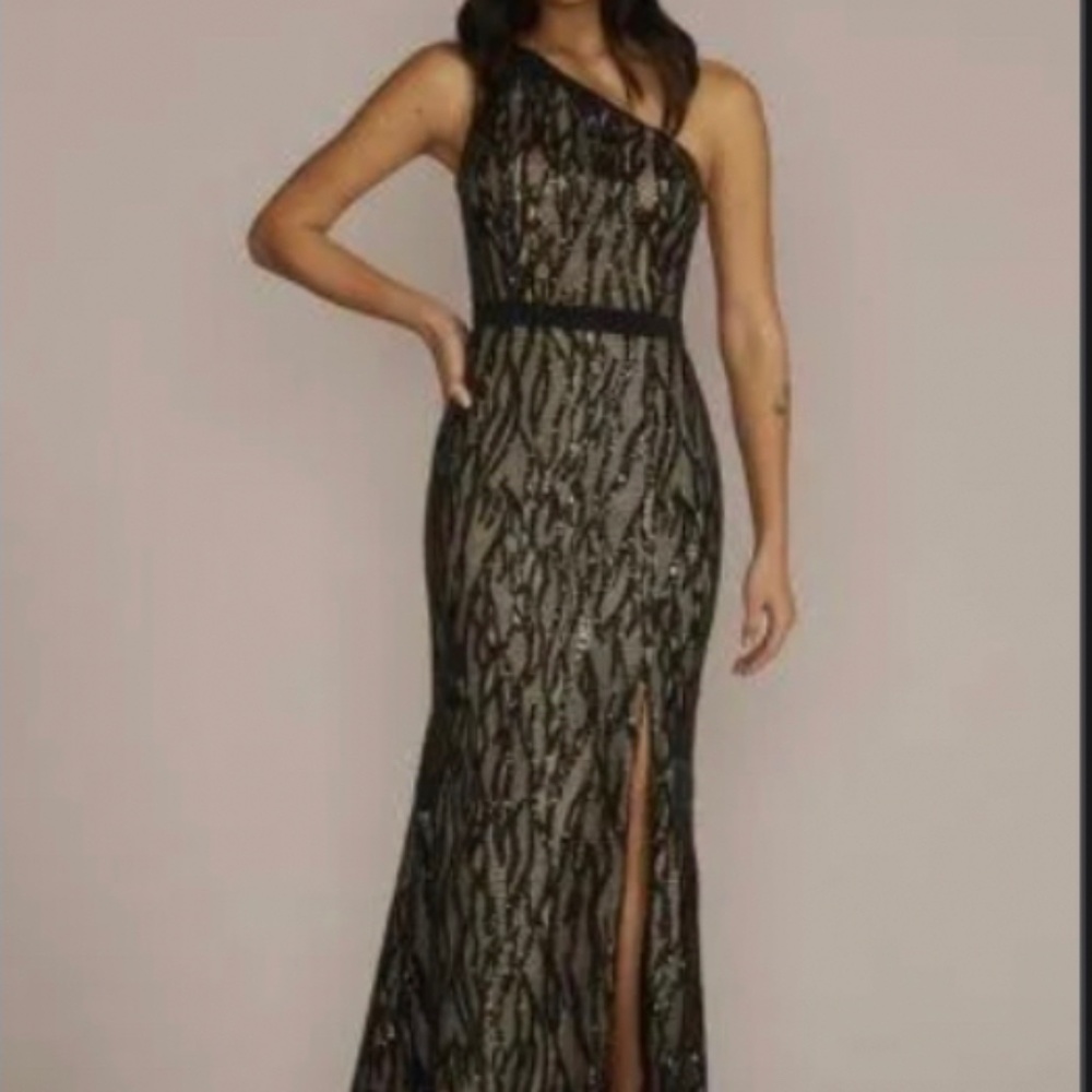 Galina Signature Sequin Lace One Shoulder Sheath Gown